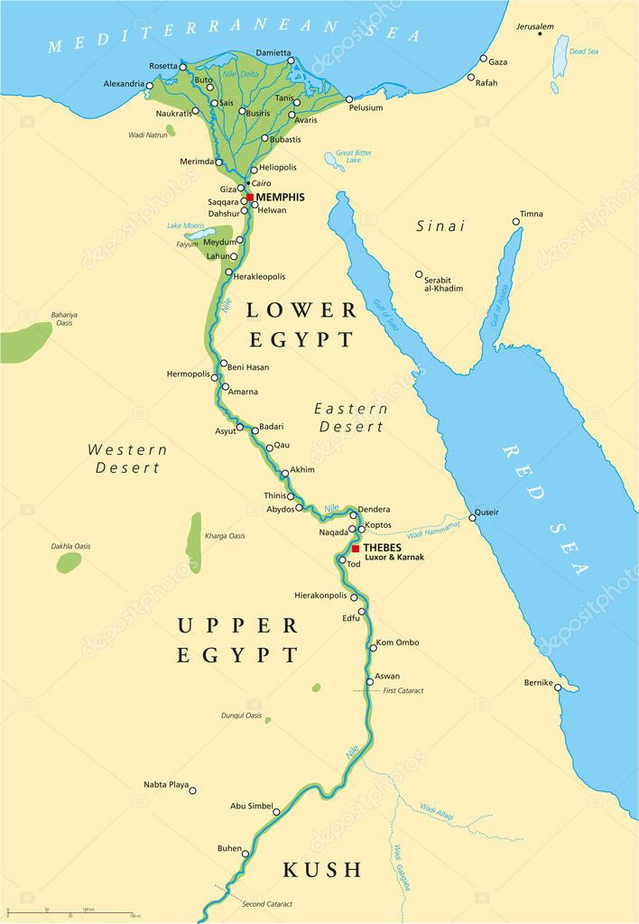 Alto Egito (sul) e Baixo Egito (norte). Nota-se também a concentração de nomos nas margens do Rio Nilo.