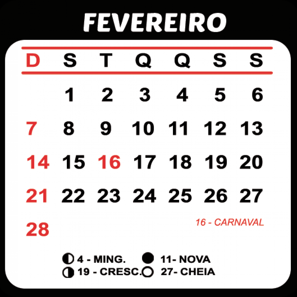 Calendário do mês de fevereiro com ano bissexto