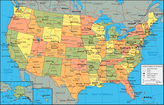 Mapa dos estados unidos e com suas cidades e capitais